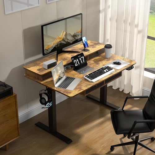 48 * 30 Inches Electric Standing Widened Desk Adjustable Height with 4 Drawers, Double Storage Shelves Stand Up Desk, Home Office Workstation Sit Stand up Desk (Rustic Brown) - Image 2