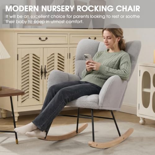 Nursery Rocking Chair, Teddy Upholstered Glider Chair with Thick Cushion, Tufted Gliding Rocker Chair with Wood Leg, Cozy Rocking Armchair, Accent Rocking Chair for Living Room (Light Gray) - Image 3