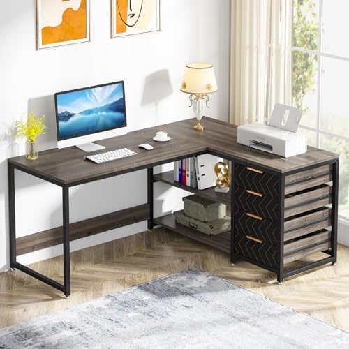 Tribesigns L Shaped Computer Desk with Storage Drawers, 59 inch Corner Desk with Shelves, Reversible L-Shaped Office Desk Writing Table Workstation for Home Office, Grey by Tribesigns