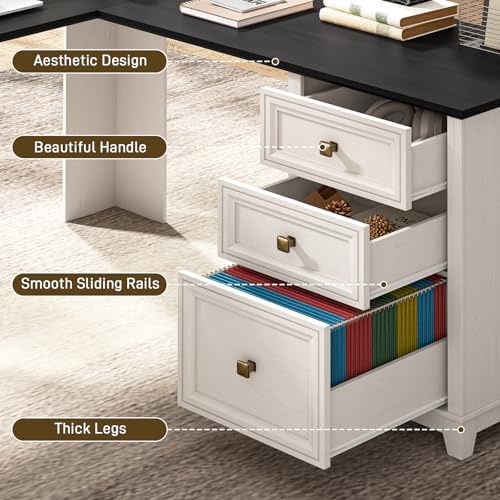 Vabches Farmhouse L Shaped Executive Desk with 6 Drawers, 59’’ Wood Home Office Desk with File Cabinet, Writing Corner Computer Desk for Home Office, Work, Study, White and Black - Image 5
