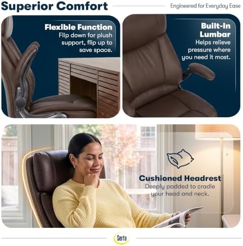 Serta Big and Tall Office Chair with Lumbar Support, Flip Arm Leather Chair - Image 6