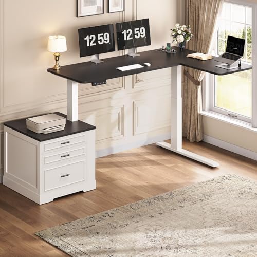 SEDETA Farmhouse L Shaped Electric Standing Desk, 70.9" x 39.4" Height Adjustable Office Executive Desk with 3 Drawers, Standing Computer Desks with Power Outlet for Home Office, White - Image 3