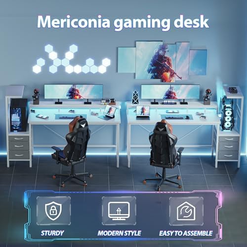Mericonia 60 inch Gaming Desk with Drawers, Reversible Computer Desk, White - Image 3
