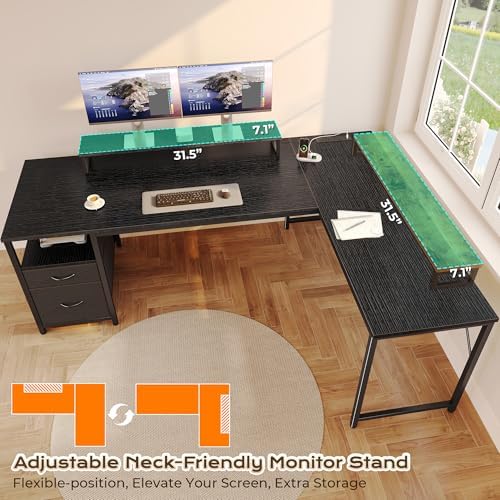 PRAISUN 63 Inch L Shaped Desk with Power Outlets and USB-C Port, Computer Corner Home Office Desk with File Fabric Drawers and Movable Monitor Stand, Larger Storage, Gaming, Writing, Work, Black - Image 6