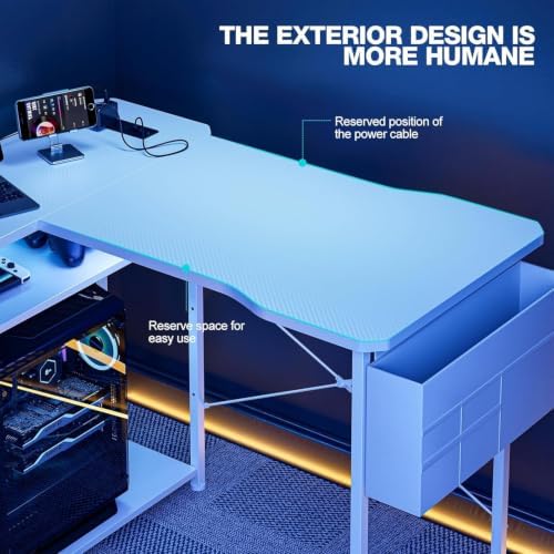 Acrolix L Shaped Gaming Desk 48 Inch - Computer Corner Desk with Power Outlets, Reversible Shelves & Storage Bag for Home Office, PC Gaming Table, White Carbon - Image 5