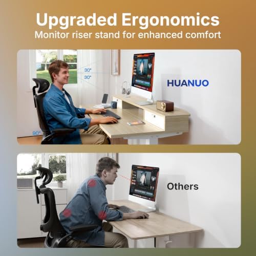 HUANUO 47.2" X 23.6" Electric Standing Desk with 2 Drawers, C-Clamp Mount Compatible, Height Adjustable Computer Desk, Home Office Stand Up Desk with 4 Preset Heights & 2 Hooks, Light Walnut - Image 5