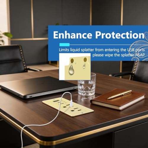 LIDER Rectangle Desktop Power Grommet with USB-C PD60W & USB-A, USB Combined Output 65W, 12A AC Outlets, Auto-Slide Cover, 6.5ft Cord, Desk Charging Station, ETL Listed, Thermoplastic, Matte Gold - Image 5