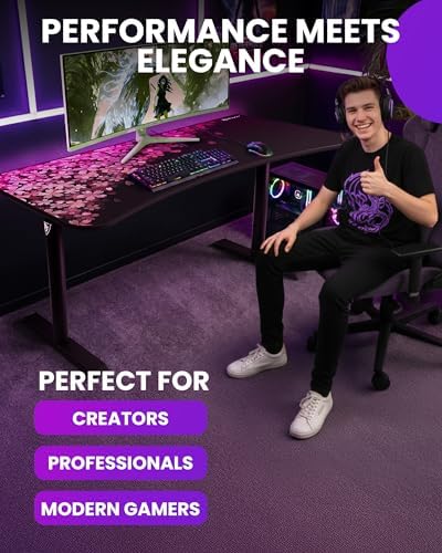 Arozzi Arena Special Edition Ultrawide Curved Gaming and Office Desk with Full Surface Water Resistant Desk Mat Custom Monitor Mount Cable Management Cut Outs - Flower - Image 5