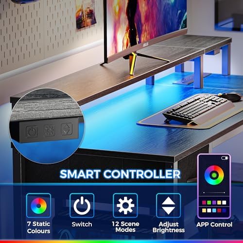 SUPERJARE 47 inch Reversible L Shaped Desk with LED Lights & Power Outlets, Computer Desk with Shelves & Monitor Stand, Gaming Desk with Drawer, Home Office Desk Corner Desk, Grey - Image 4