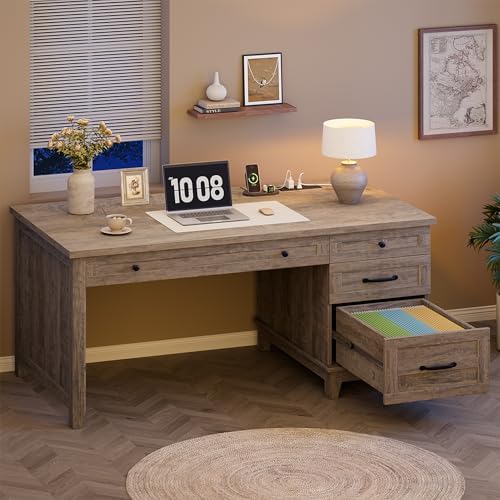 GarveeHome Farmhouse Executive Desk with Drawers, 53.54 in Home Office Desk with Charging Station, Wooden Computer Desk with File Cabinet Storage for Work Study Writing, Rustic Gray - Image 3