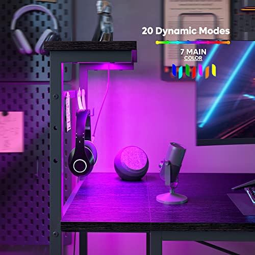 Bestier Gaming Desk with LED Lights, 51.3 Inch Computer Desk with 4 Tiers Reversible Shelves, Home Office Writing Desk with Side Storage Bag, Hooks and Height Adjustable Shelf (Black Grained) - Image 4