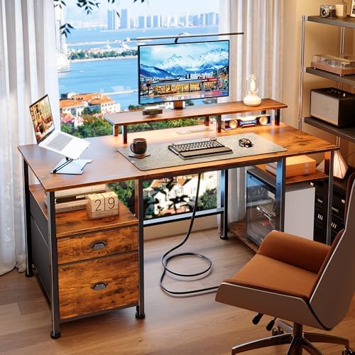 Furologee 51" Computer Desk with Outlets & LED, Desk with Drawers, Brown - Image 5