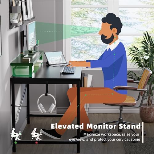 Pamray 32 Inch Small Computer Desk with Monitor Stand, Simple Office Desk with Headphone Hook for Small Spaces, Kids Study Writing Table for Bedroom, Vintage - Image 5