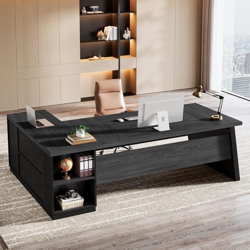 Tribesigns 78" L Shaped Desk with Drawers, Lage Office Desk with Storage Shelves, Modern Corner Computer Desk for Home Office (Gray and Black) by Tribesigns