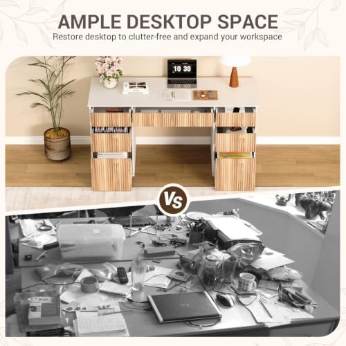 White Desk with Drawers, 58 Inch Executive Desk with File Cabinet - Image 6