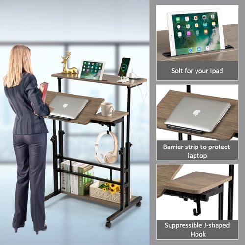 Hadulcet Rolling Stand Up Desk Adjustable Height - Portable Standing Desk with Wheels & Charging Station, Mobile Laptop Desk Small Standing Desk Drawing Table, Grey - Image 7