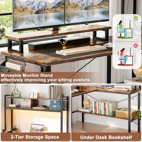 Aheaplus L Shaped Gaming Desk with Power Outlets & LED Lights, Rustic Brown - Image 6