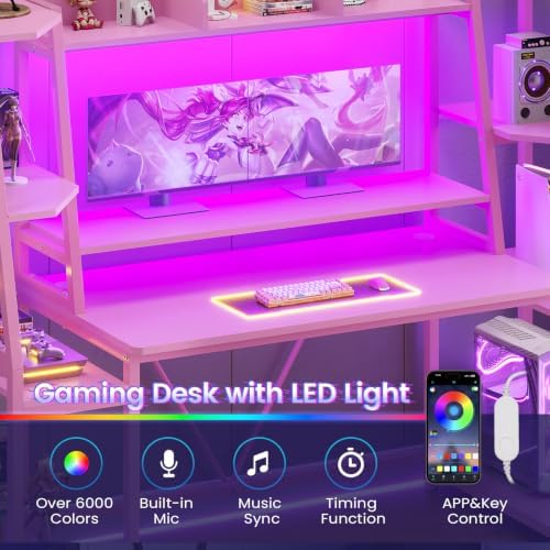 SEDETA 65.7'' Gaming Desk with LED Lights, Hutch and Storage Shelves, Pink - Image 4
