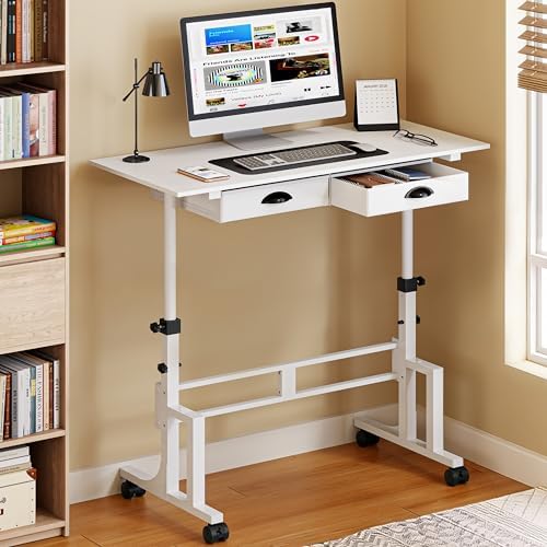 Height Adjustable Standing Desk with 2 Drawers, Small Sit Stand Up Desk with Wheels, Portable Rolling Desk for Walking Pad Treadmill, Computer Office, Adjustable 31.5"-43.3", White, Upgraded Stable by Unknown