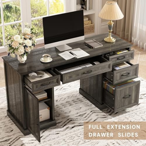 CARPETNAL 58'' Farmhouse Executive Desk with Drawers, Home Office Desk with File Drawer and Storage Cabinet, Rustic Computer Desk for Working, Studying, Writing, Grey - Image 4