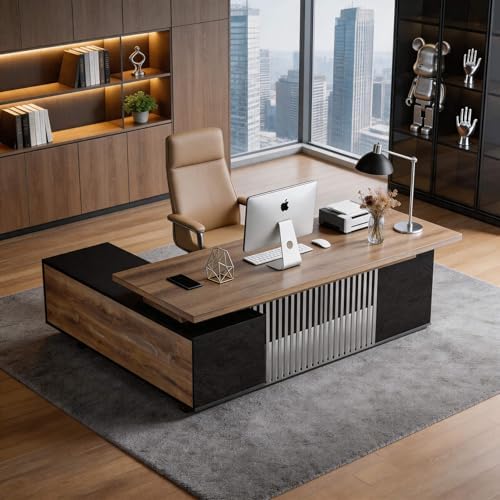 70.86 inch Inch Large Executive Desk with Drawers Cabinet, L Shaped Office Desk, Computer Desk with Universal Charging Ports and Cable Management for Business Furniture Set Workstation for Home Office by SAINTCY