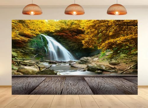 20x10ft Autumn Waterfall Forest Backdrop Golden Fall Foliage Cascading Stream Wooden Deck Photo Background Tapestry for Fall Harvest Wedding Home Decorations Studio Props by UPXIOHAIR