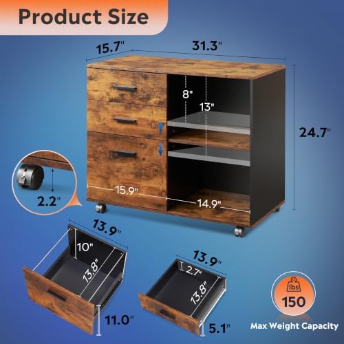 DEVAISE 3-Drawer Mobile File Cabinet, Lateral Filing Cabinet, Rustic Brown - Image 3