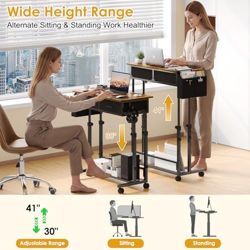 Small Rolling Standing Desk, Height Adjustable Mobile Sturdy Desk with 2 Fabric Drawers & Storage Shelf, Portable Sofa Side Laptop Table for Home Office, Small Spaces, 31.41"" x 15.74"", Rustic Brown - Image 3