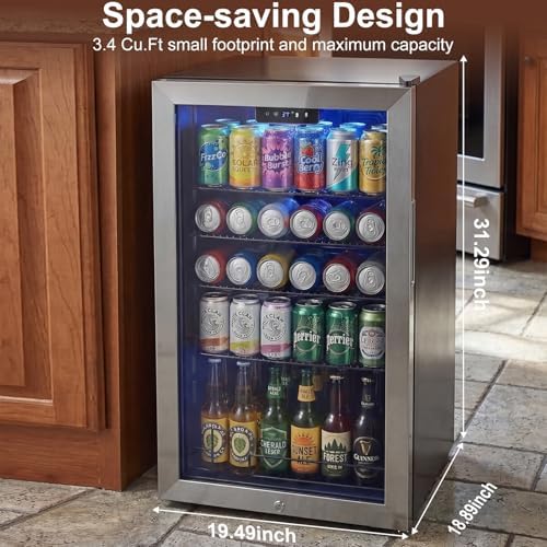 20 Inch Beverage Refrigerator, Mini Fridge with Glass Door for Soda Beer– 130 Can Small Fridge for Home Office Bar, 3.4 Cu.Ft Drink Cooler with Reversible Door, Digital Temperature Control - Image 5