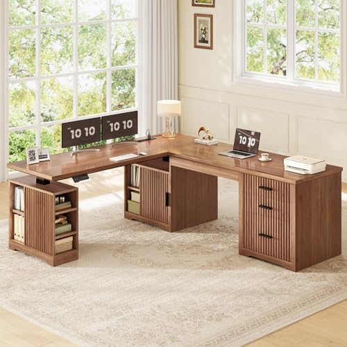 SEDETA Farmhouse L Shaped Standing Desk with Storage for Home Office, Brown - Image 3