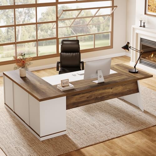 Tribesigns 78.7" L-Shaped Executive Desk, Modern Office Desk with 55.1" Storage Cabinet, Large Computer Table with Drawers, Business Furniture Workstation for Home Office, Brown & White by Tribesigns