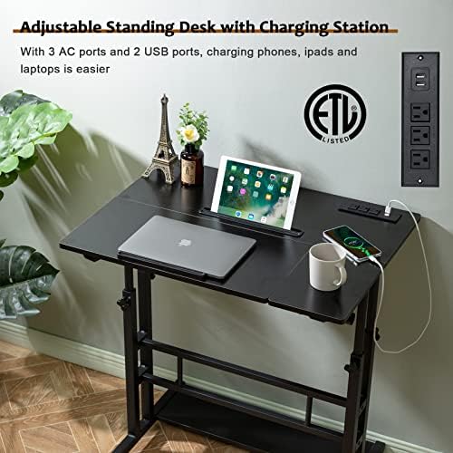 Hadulcet Stand Up Desk, Rolling Desk Adjustable Height, Mobile Standing Desk with Wheels & Charging Station, Portable Stand for Laptop, Rolling Computer Cart TV Tray, Small Standing Desk Drawing Table - Image 4