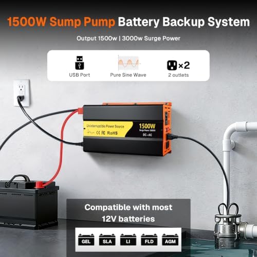 1500W Sump Pump Battery Backup Power System,Basment Protection Sump Pump Inverter with Upgrade LCD Display, Basement Protection for Power Outage Emergencies (Orange) - Image 3