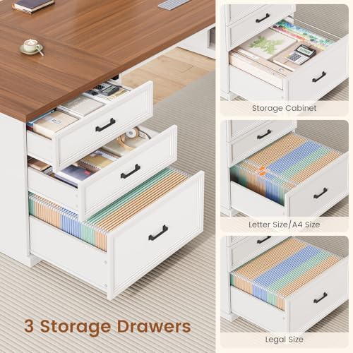 SEDETA 78.7" L Shaped Executive Desk with Charging Station, Large Home Office Computer Desk with File Drawers & Adjustable Storage Cabinet, CPU Stand, Modern L Desk for Business, White + Brown - Image 4