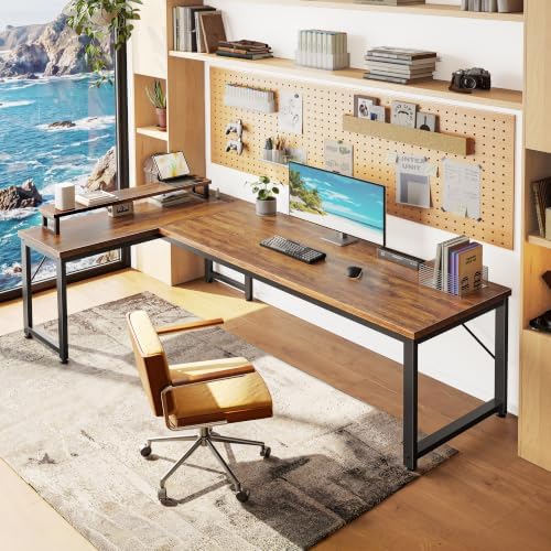 PRAISUN 61" L Shaped Computer Desk, Outlets, Monitor Stand, Rustic Brown - Image 2