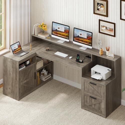 63" Farmhouse L Shaped Desk with Drawers and Printer Stand for Home Office by TVU