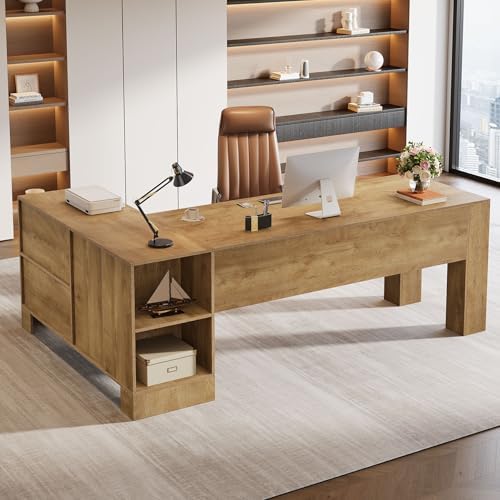 Tribesigns L-Shaped Executive Desk, 78-Inch Office Desk with Storage Cabinet and 2-Tier Shelf, Large Wooden Computer Writing Table Business Furniture Workstation for Home Office, Brown by Tribesigns