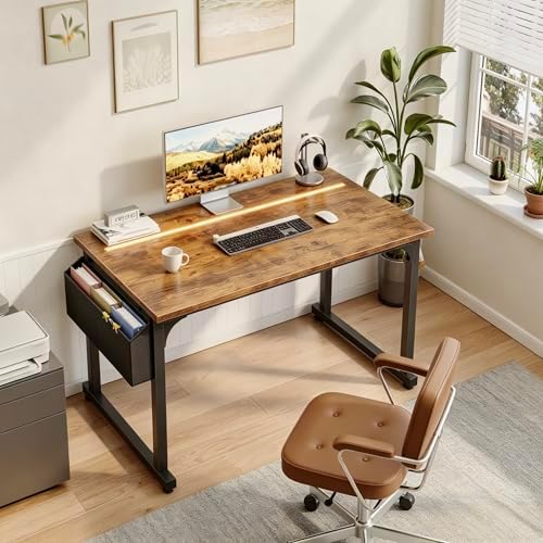 DurayLoly 40" Computer Desk with Waterproof LED Lights for Bedroom,Brown - Image 2