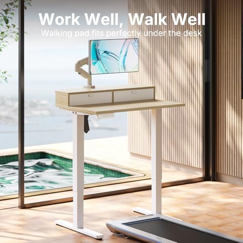 HUANUO 32" X 21" Electric Standing Desk with 2 Drawers, C-Clamp Mount Compatible, Height Adjustable Computer Desk, Home Office Stand Up Desk with 4 Preset Heights & 2 Hooks, Light Walnut - Image 6