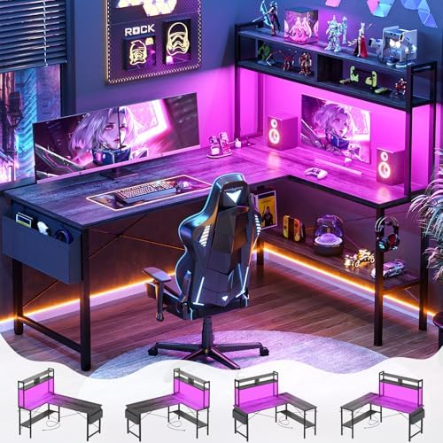 Aheaplus 59" L Shaped Desk Gaming Desk with LED Light & Power Outlet by Aheaplus