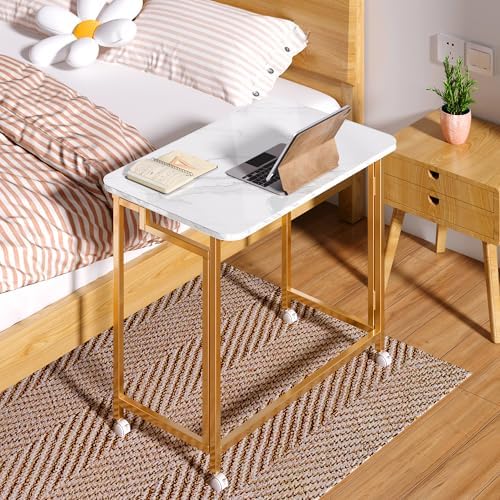 4NM 23.6" Mobile Small Rolling Computer Desk, Folding Laptop Cart Table with Wheels, Portable Office Desk for Small Space Couch Bed - White and Golden - Image 2