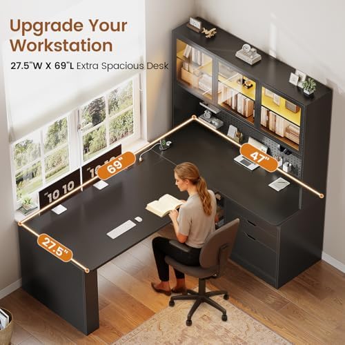 SEDETA L Shaped Corner Gaming Desk with 3 Wood Drawer and Large Bookshelf - Image 3