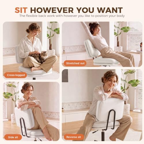 COMHOMA Home Office Desk Chair with Comfy Lumbar Support, Small Vanity Chair with Wheel for Bedroom, Thick Padded & Armless, 19.1"-25.4" Height Adjustable, Soft PU Leather, White - Image 6