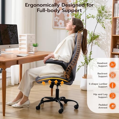 Ylzyxal Office Desk Chair, Ergonomic Computer Chair with Padded Flip-Up Arms and Adjustable Lumbar Support, PU Leather Executive Chair with Tilt Lock and 360° Swivel Rolling Wheels for Work, Study - Image 5