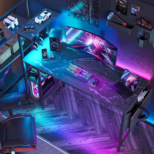 Bestier Gaming Desk with LED Lights, 51.3 Inch Computer Desk with 4 Tiers Reversible Shelves, Gamer Desk with Side Storage Bag, Hooks and Height Adjustable Shelf (Black Marble) by Bestier