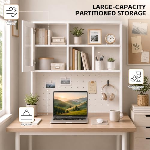 LINLIUA Desktop Bookshelf, Desk Hutch Dorm with Pegboard, Desk Shelves for Top of Desk, Wood Desktop Storage Rack with Cabinet Door, Countertop Bookcase for Office Dorm Home Study - Image 4