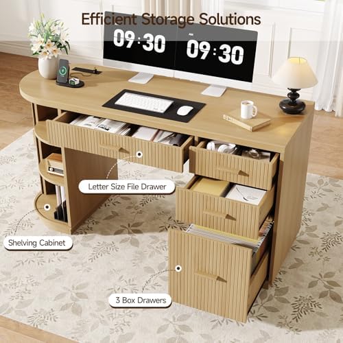 ONBRILL 58 Inch Fluted Executive Desk, Computer Desk with Storage Drawers & File Drawer, Modern Home Office Desk with Charging Station for Working, Studying, Writing, Oak - Image 4