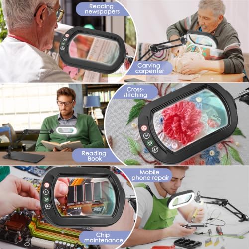 30X 12X Square Magnifying Glass with Light and Stand, Real Glass LED Lighted Magnifier, 5 Color Modes Stepless Dimmable, Hands-Free Mag Desk Lamp with Clamp for Reading Craft Hobby Close Work Black - Image 7