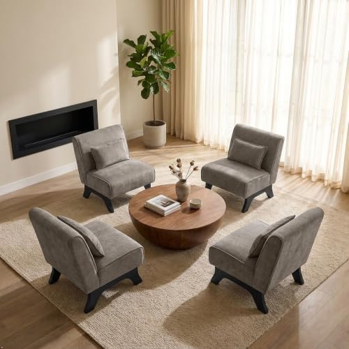 Upholstered Armless Accent Chair Set of 4,Modern Comfy Living Room Chairs with Wooden Legs& Pillows,Lounge Sofa Side Chair for Bedroom Farmhouse Reading (4 PCS, Deep Brown) by womina