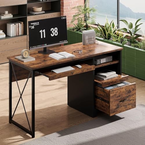 Bestier 47" Computer Desk with Drawers, Home Office Desk with Keyboard Tray, Reversible Industrial Office Desk with Storage Cabinet for Small Space Home Office & Studio, Rustic Brown by Bestier
